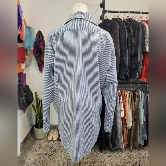 Black Brown Egyptian Cotton Blue Striped Men's Shirt - Picture 5 of 7